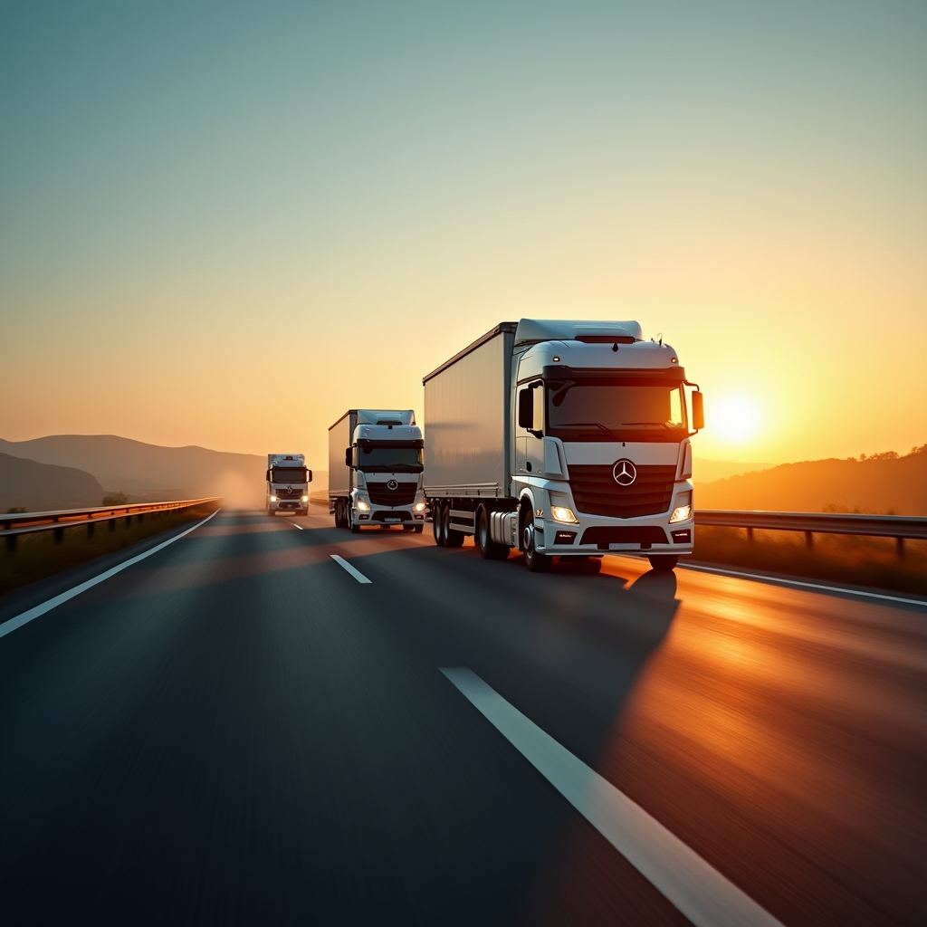 Flotta di camion sull'autostrada all'alba