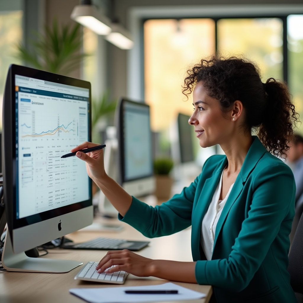 Analista percorsi che lavora su dati di trasporto in ufficio moderno