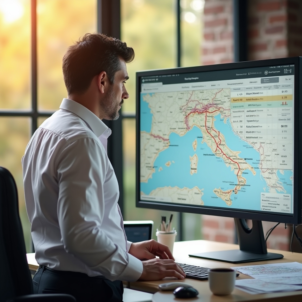 Schermo con pianificazione percorsi ottimizzati per flotta di trasporto