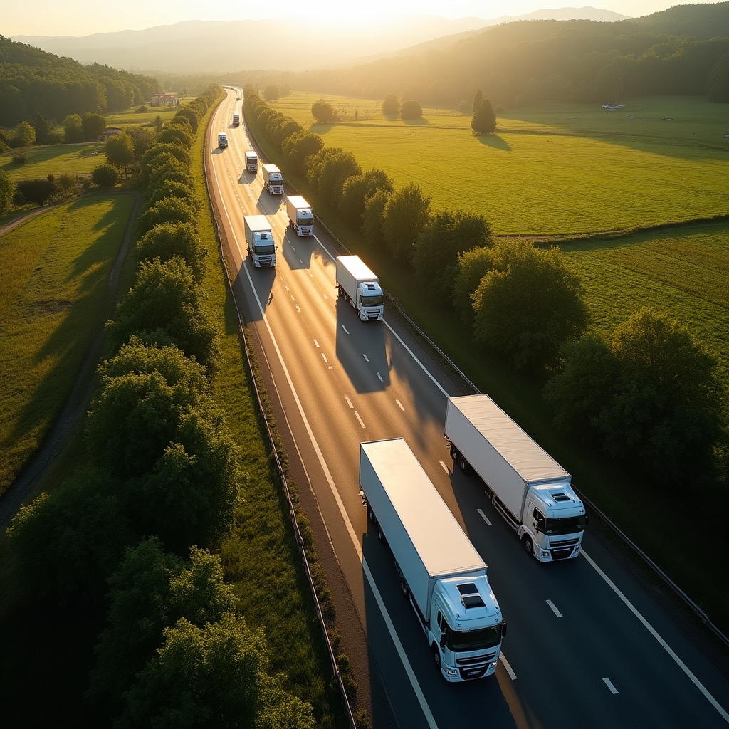 Vista aerea di camion sull'autostrada italiana