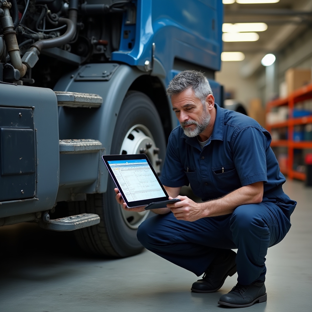 Meccanico che ispeziona camion durante manutenzione programmata